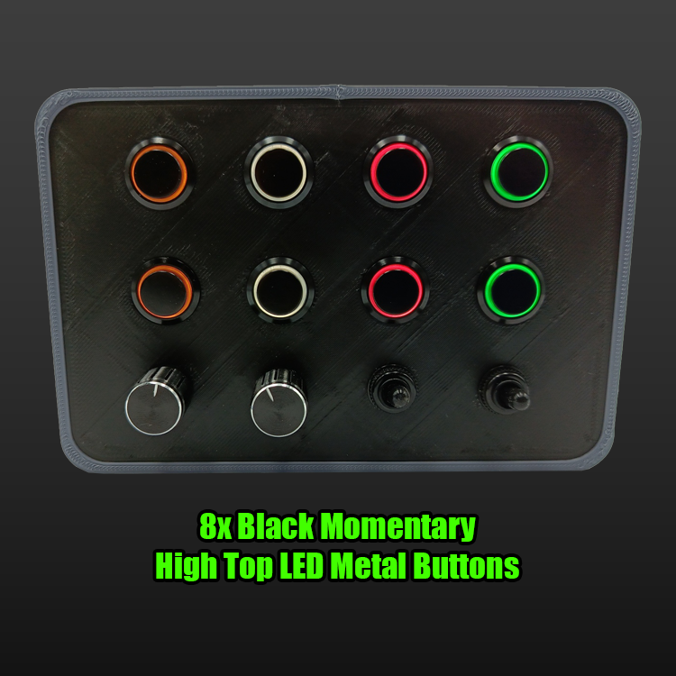 RacecraftsNZ All Black Sim Racing LED Button Box, 8x Metal Momentary LED Buttons, 2x Rotary Encoders, 2x Toggle Switches