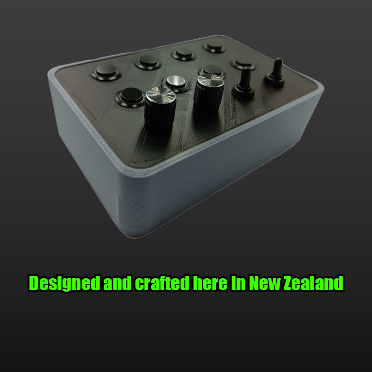 RacecraftsNZ All Black Sim Racing LED Button Box, 8x Metal Momentary LED Buttons, 2x Rotary Encoders, 2x Toggle Switches