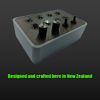 RacecraftsNZ All Black Sim Racing LED Button Box, 8x Metal Momentary LED Buttons, 2x Rotary Encoders, 2x Toggle Switches