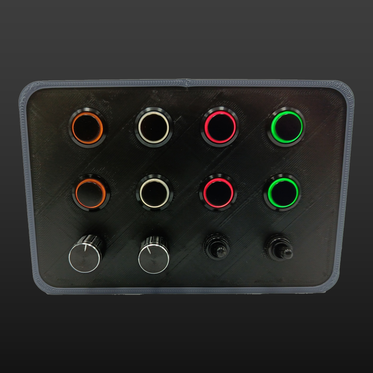 RacecraftsNZ All Black Sim Racing LED Button Box, 8x Metal Momentary LED Buttons, 2x Rotary Encoders, 2x Toggle Switches