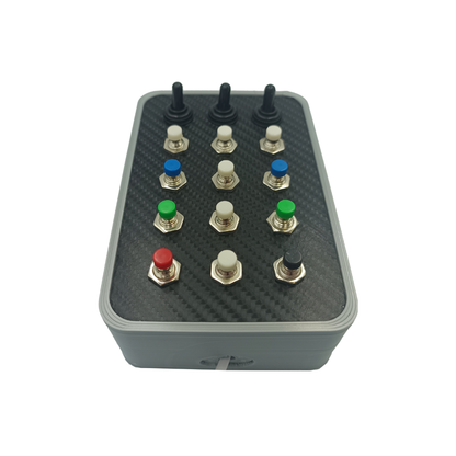 Racecrafts NZ Crew Series Button Box - 12 Momentary buttons, 3x Toggle Switched, Mounting Holes, Vinyl Covered Faceplate, Small Profile