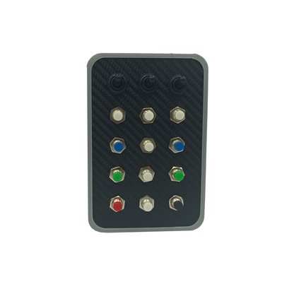 Racecrafts NZ Crew Series Button Box - 12 Momentary buttons, 3x Toggle Switched, Mounting Holes, Vinyl Covered Faceplate, Small Profile