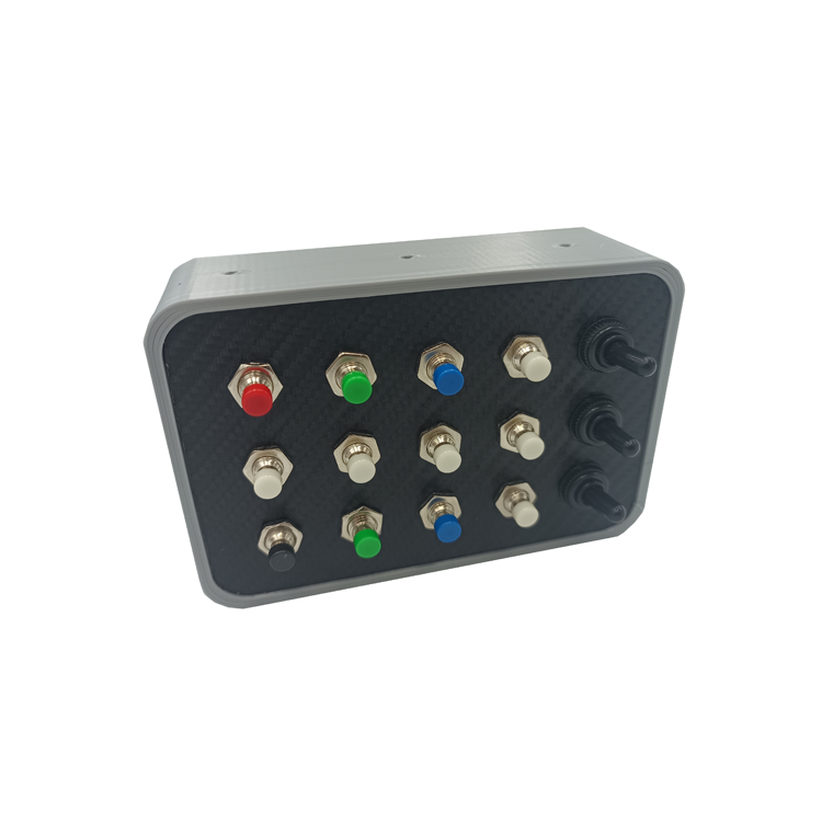 Racecrafts NZ Crew Series Button Box - 12 Momentary buttons, 3x Toggle Switched, Mounting Holes, Vinyl Covered Faceplate, Small Profile