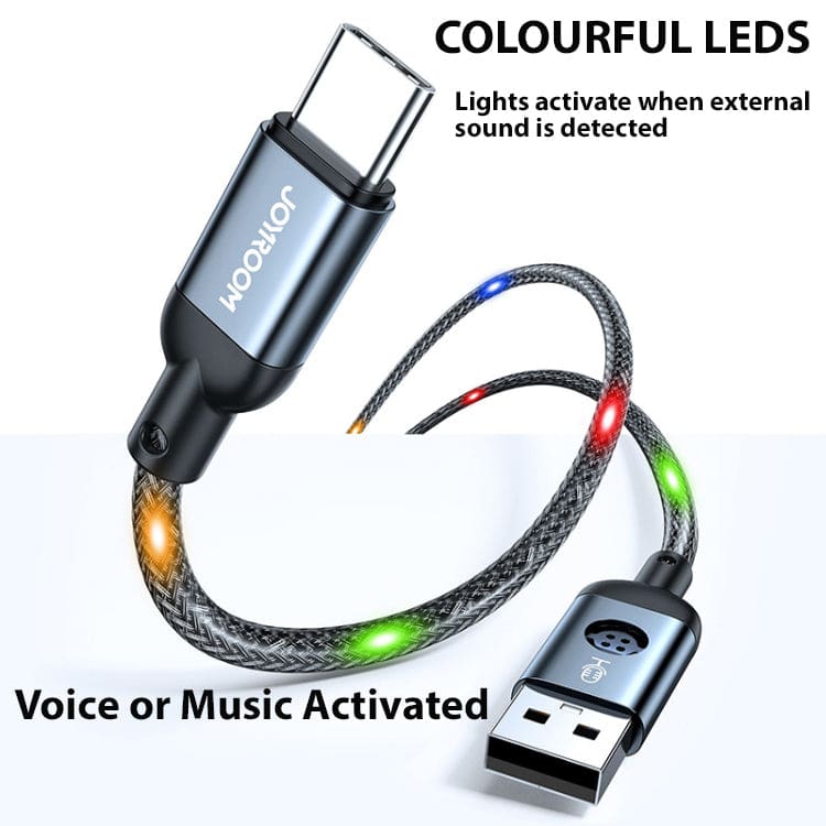 JR 1230N 3A USB to Type-C Sound Activated Colour LED Light Charging Cable, Length: 1.2metre