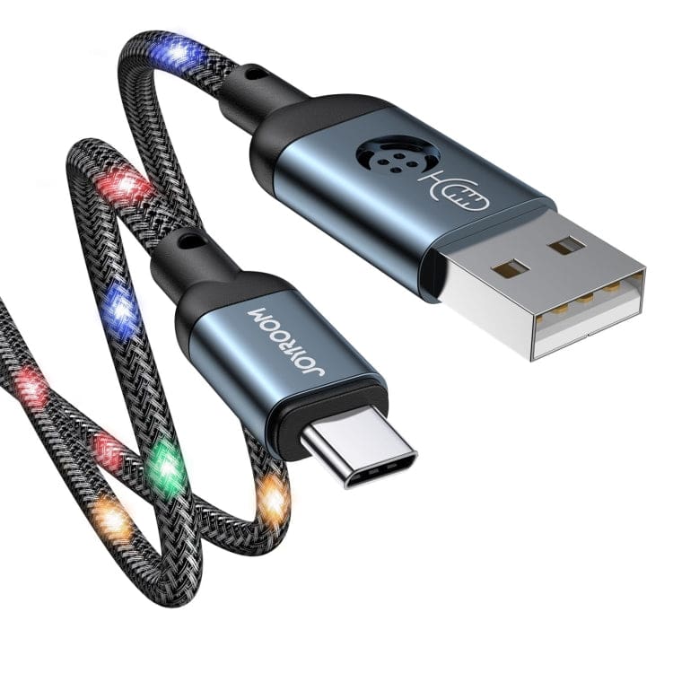 JR 1230N 3A USB to Type-C Sound Activated Colour LED Light Charging Cable, Length: 1.2metre